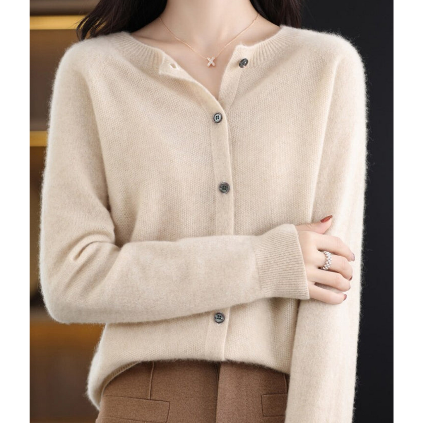 Women's Merino Wool Cardigan O-Neck Cashmere Jumper Warm Knit — Color: Khaki