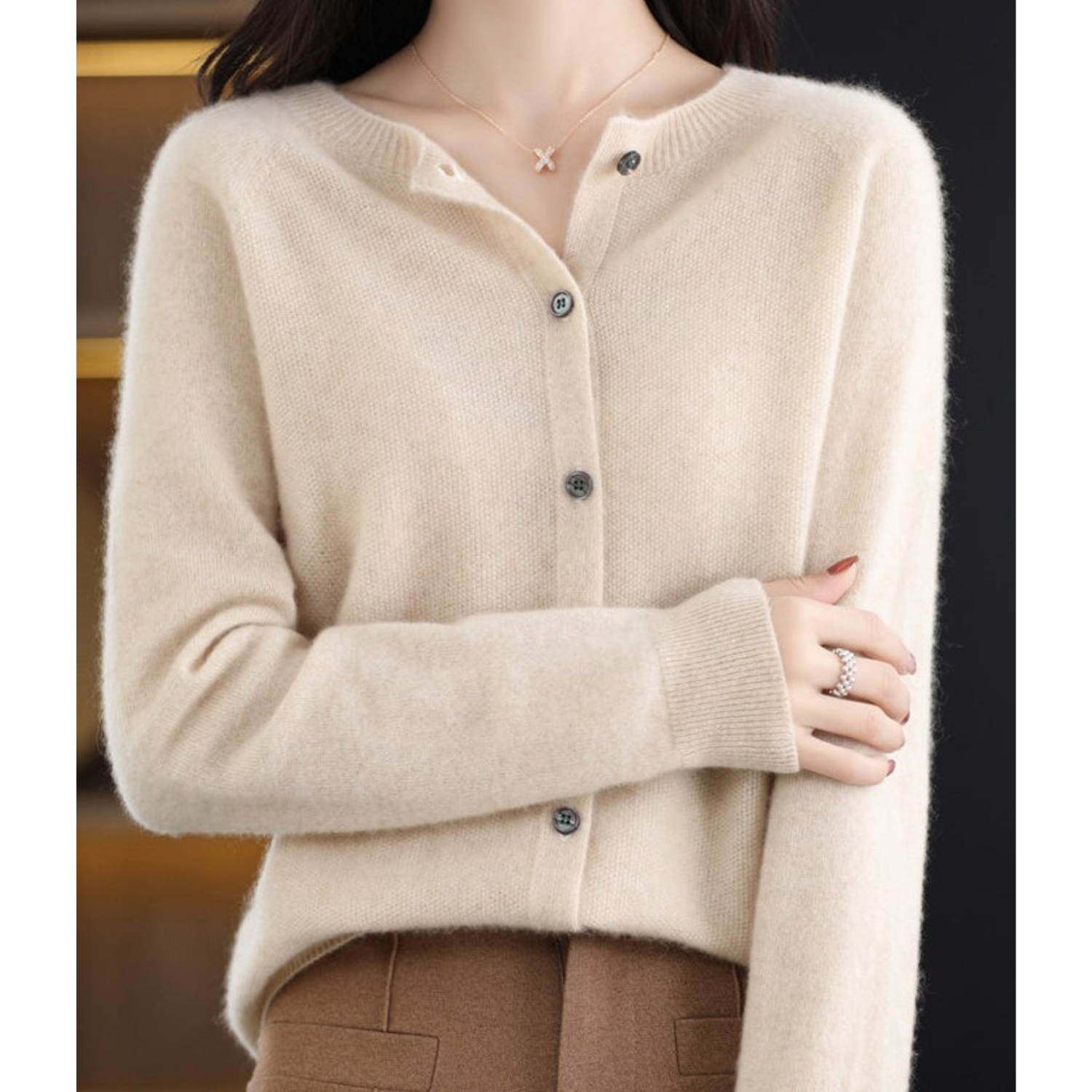 Women's Merino Wool Cardigan O-Neck Cashmere Jumper Warm Knit — Color: Khaki
