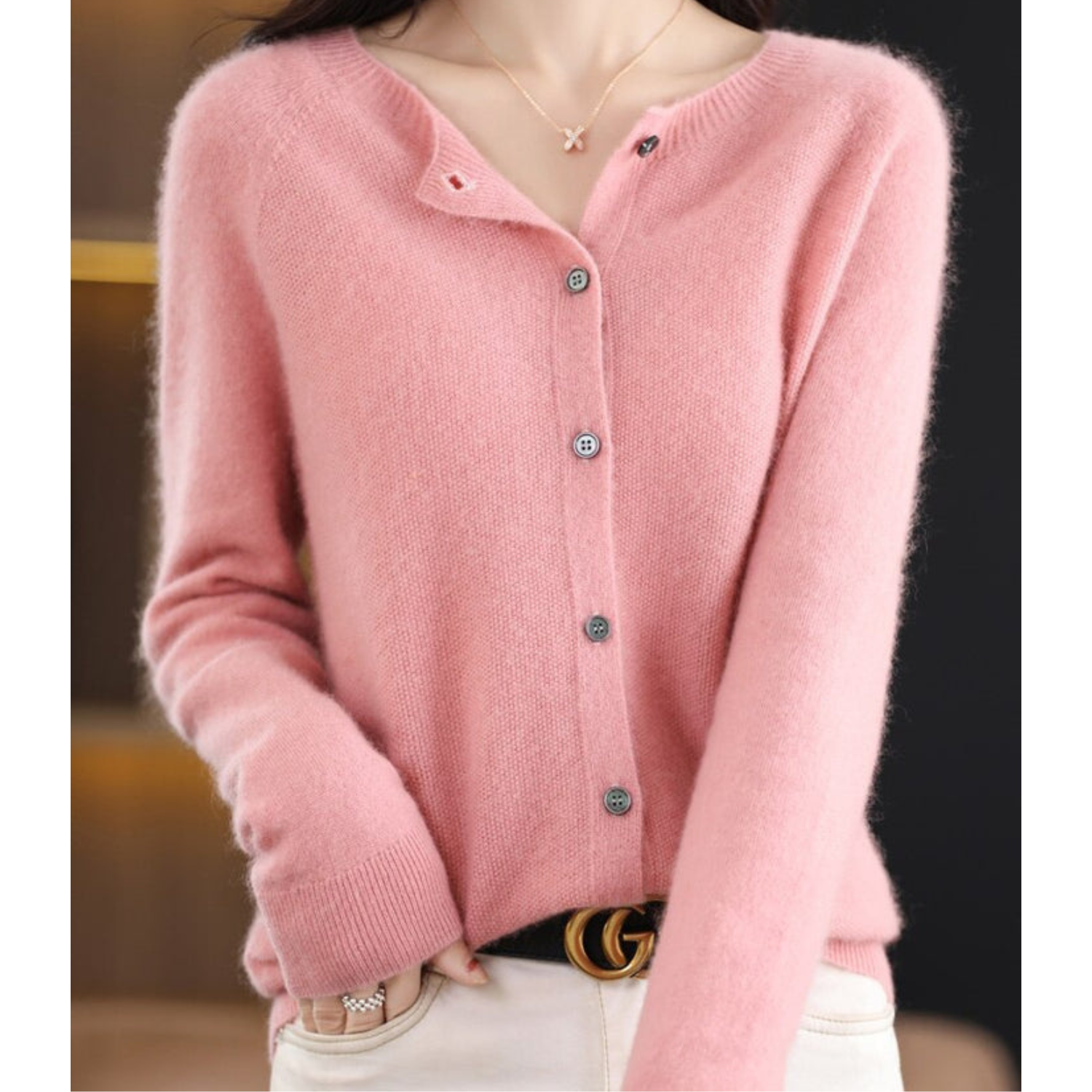 Women's Merino Wool Cardigan O-Neck Cashmere Jumper Warm Knit — Color: Light Pink