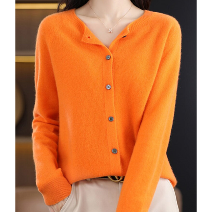 Women's Merino Wool Cardigan O-Neck Cashmere Jumper Warm Knit — Color: Orange