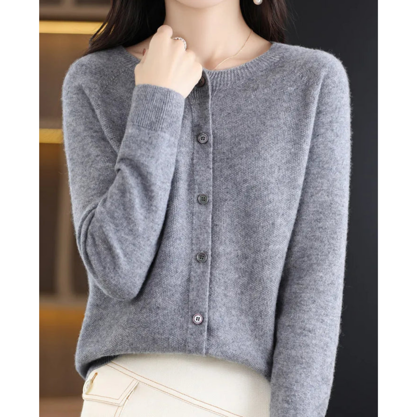 Women's Merino Wool Cardigan O-Neck Cashmere Jumper Warm Knit — Color: Grey