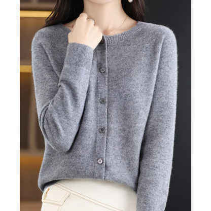 Women's Merino Wool Cardigan O-Neck Cashmere Jumper Warm Knit — Color: Grey