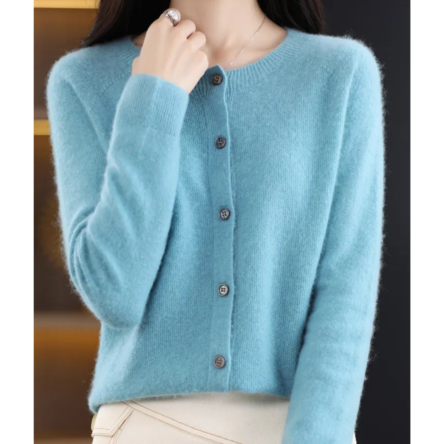 Women's Merino Wool Cardigan O-Neck Cashmere Jumper Warm Knit — Color: Light Blue