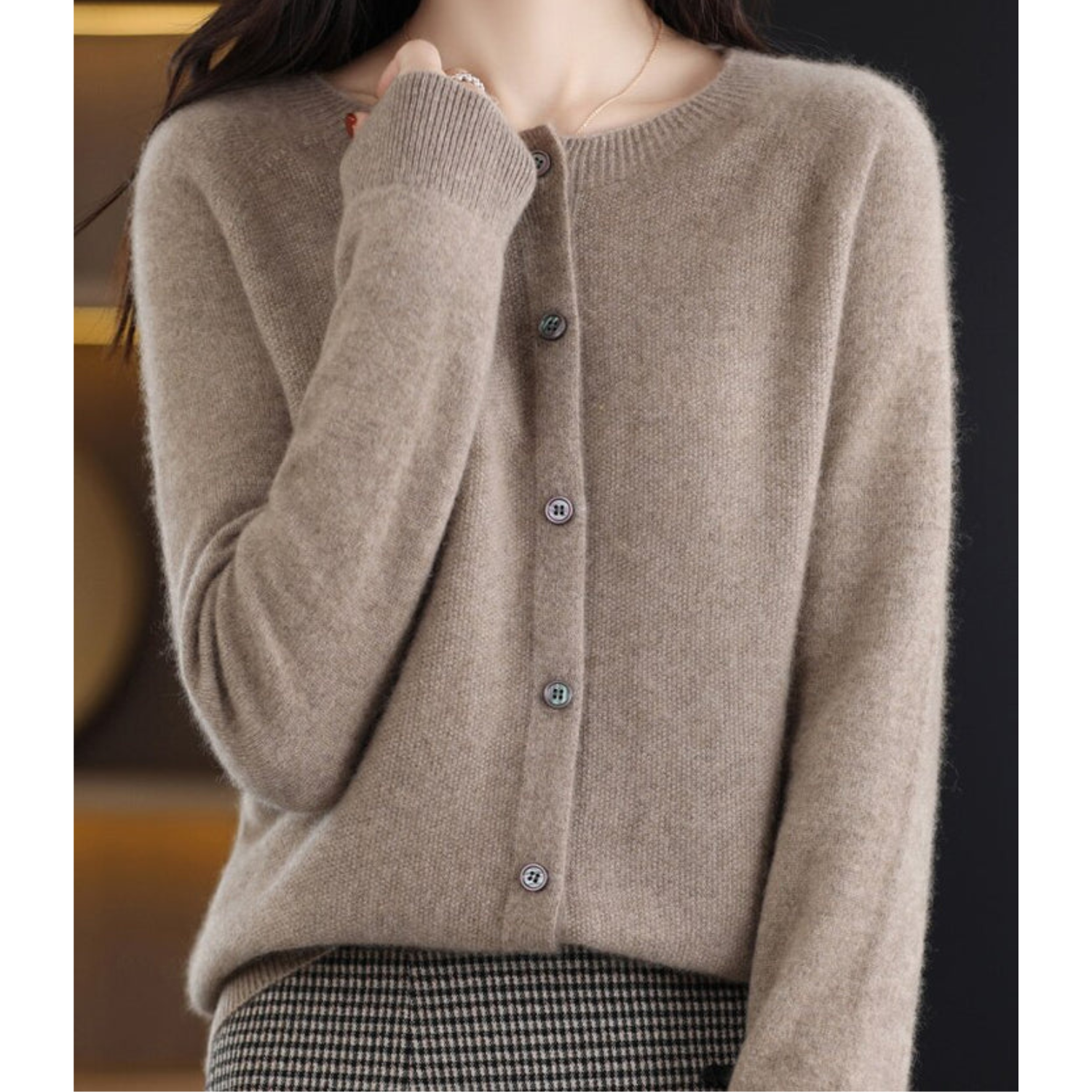 Women's Merino Wool Cardigan O-Neck Cashmere Jumper Warm Knit — Color: Brown