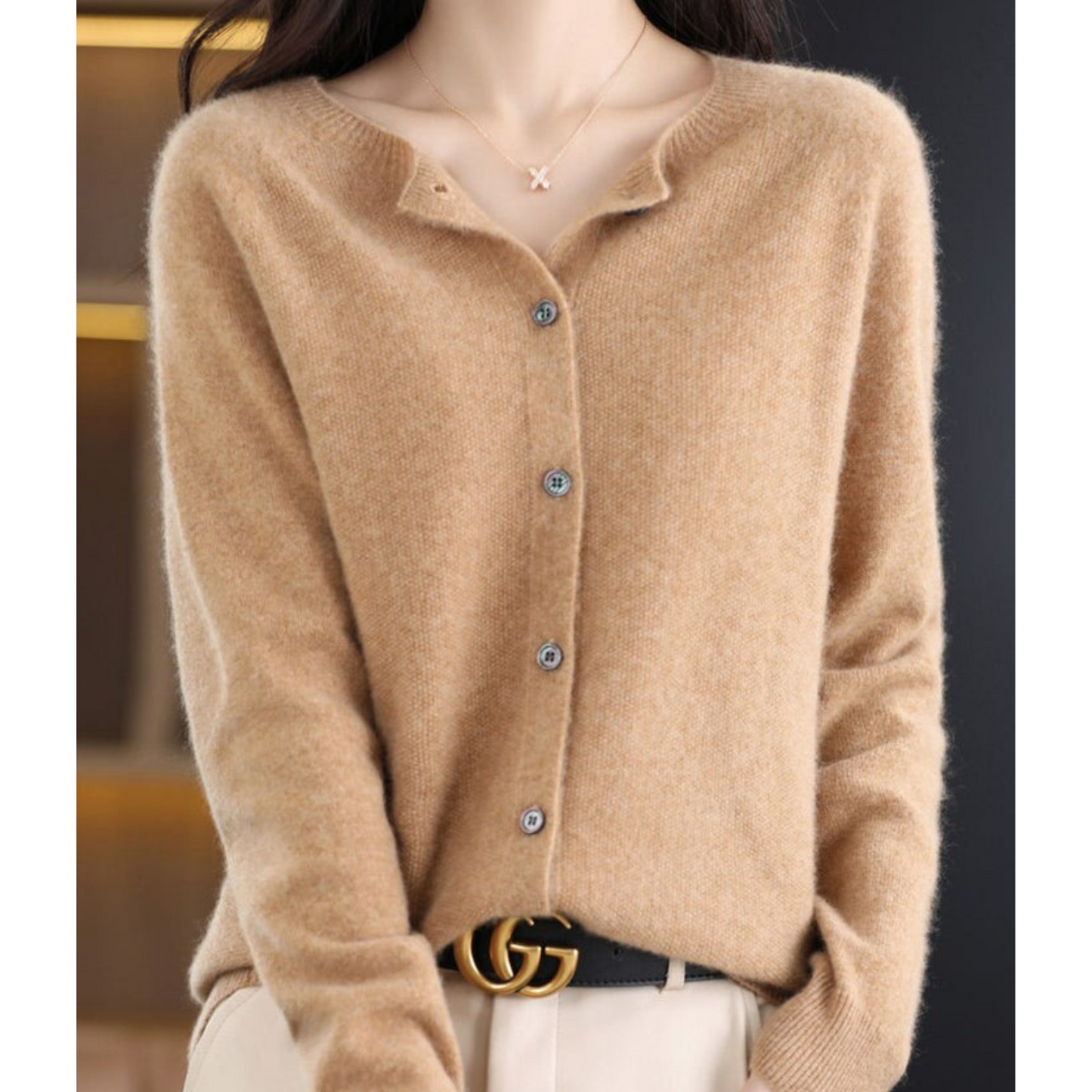 Women's Merino Wool Cardigan O-Neck Cashmere Jumper Warm Knit — Color: Light Brown