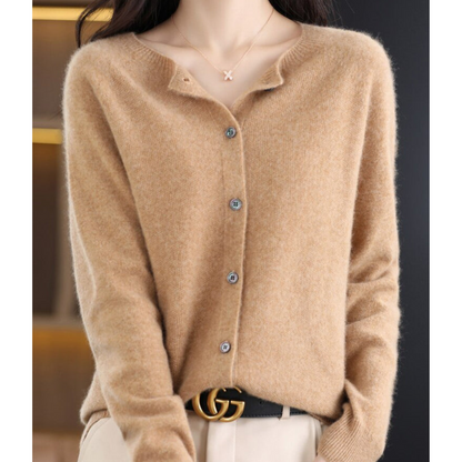 Women's Merino Wool Cardigan O-Neck Cashmere Jumper Warm Knit — Color: Light Brown