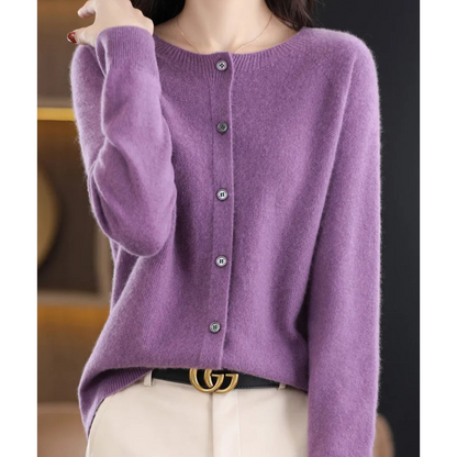 Women's Merino Wool Cardigan O-Neck Cashmere Jumper Warm Knit — Color: Purple