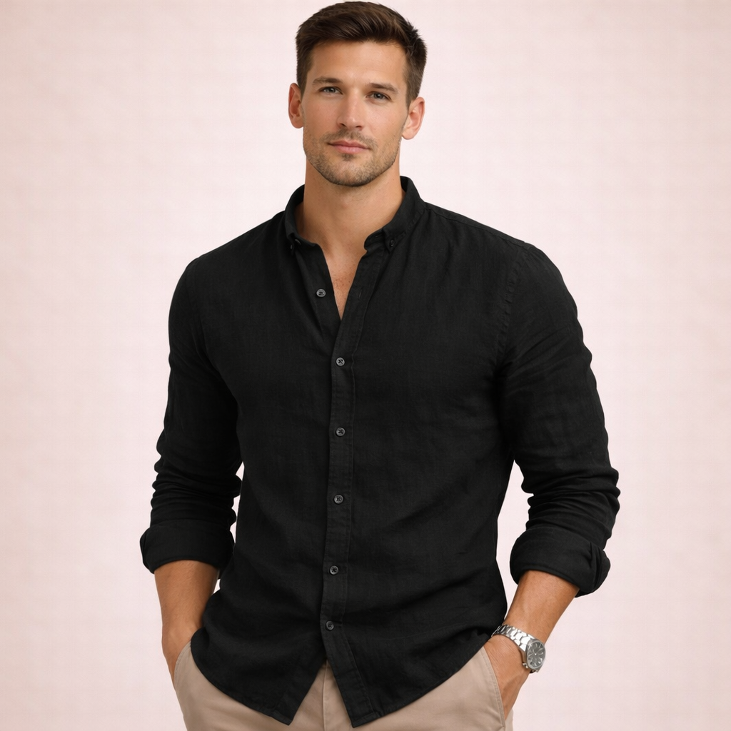 Classic Men's Band-Collar Long-Sleeve Summer Button-Up Shirt — product view 10