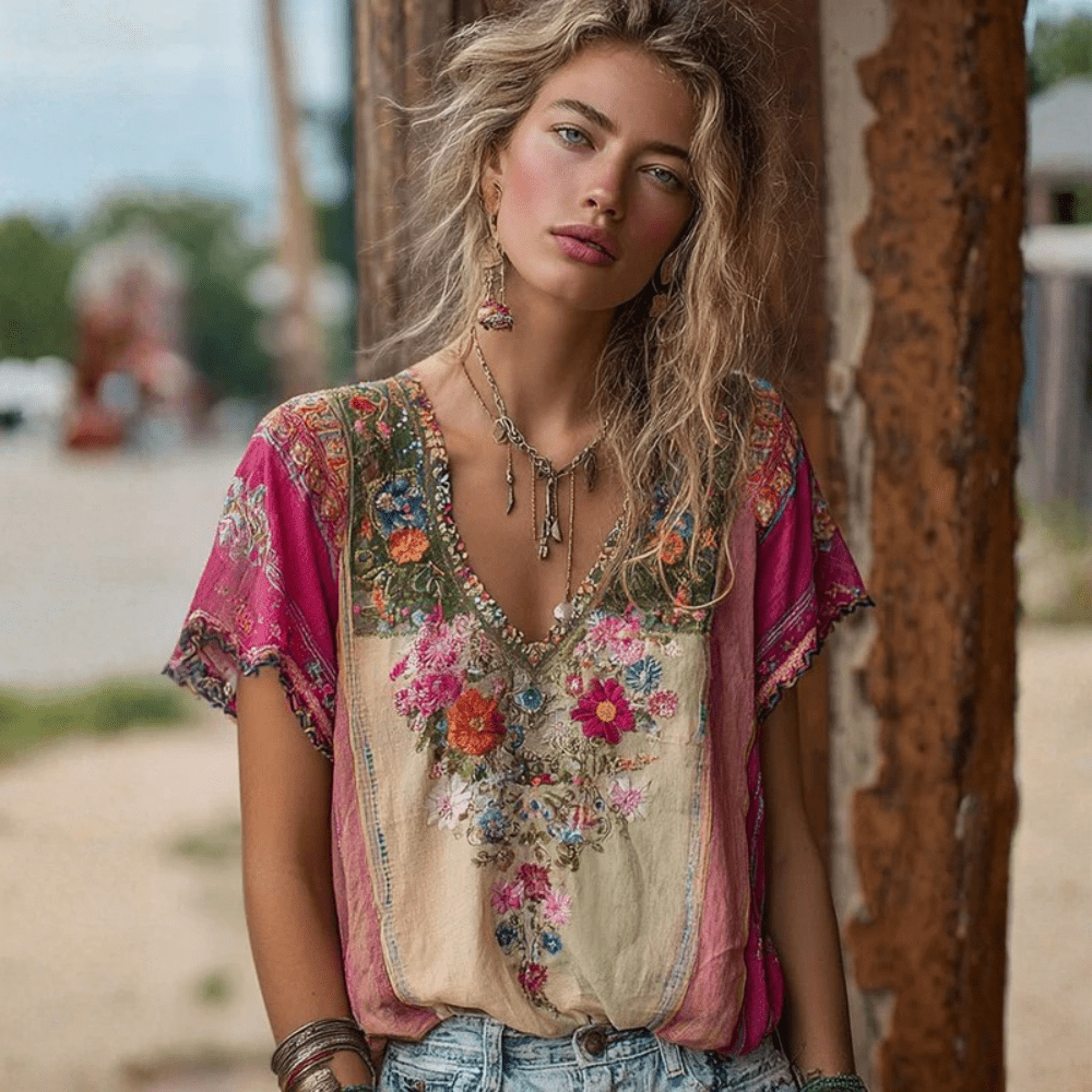 Relaxed Women's Boho V-Neck Short-Sleeve Blouse — product view 1