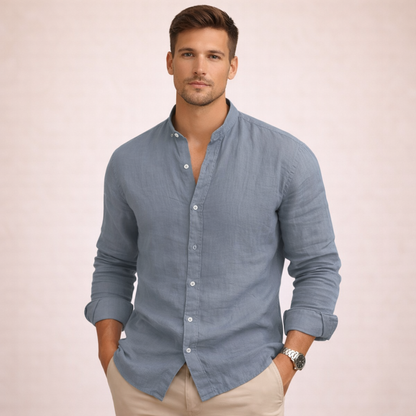 Classic Men's Band-Collar Long-Sleeve Summer Button-Up Shirt — product view 11