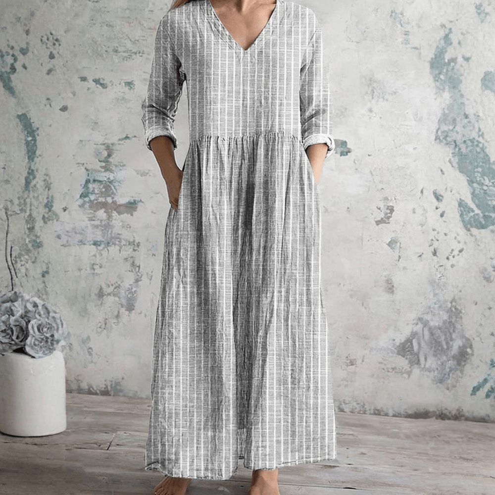 Effortless Striped V-Neck Long-Sleeve Midi Dress — product view 3