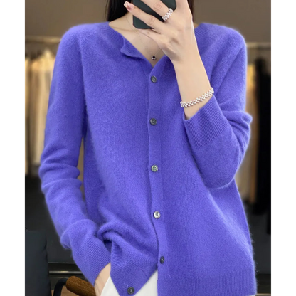 Women's Merino Wool Cardigan O-Neck Cashmere Jumper Warm Knit — Color: Dark Blue