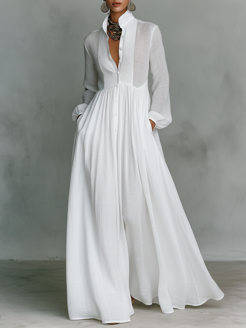 Refined Cotton-Linen Button-Front Long-Sleeve Maxi Dress — product view 1