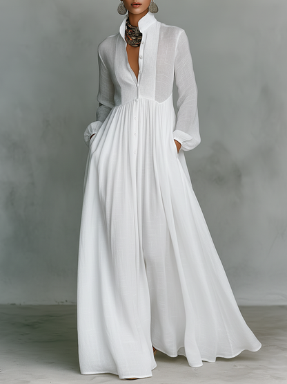 Refined Cotton-Linen Button-Front Long-Sleeve Maxi Dress — product view 1