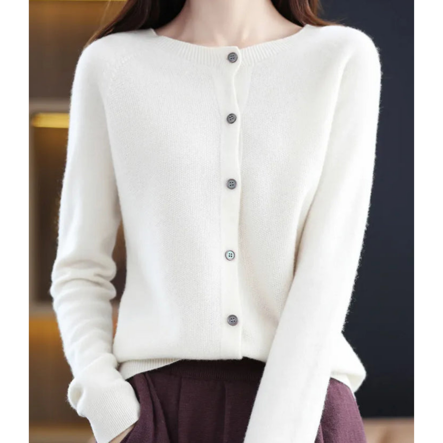 Women's Merino Wool Cardigan O-Neck Cashmere Jumper Warm Knit — Color: White