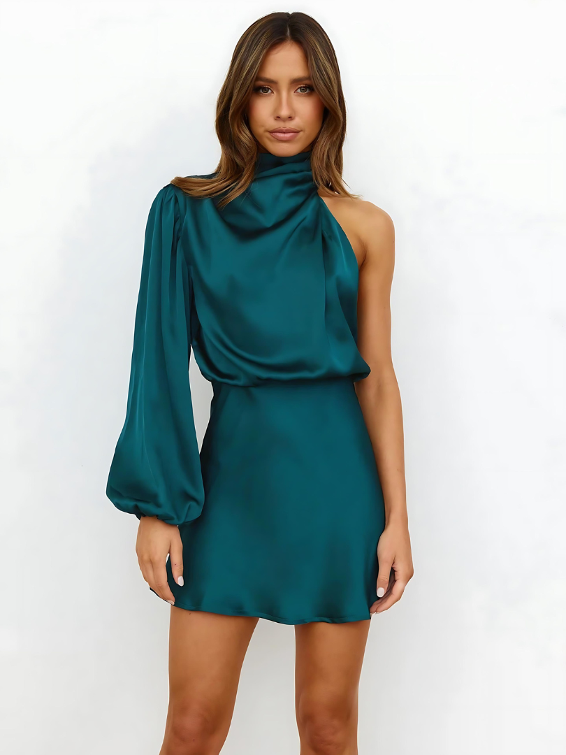 Striking Asymmetric One-Shoulder Long-Sleeve Mini Dress — product view 9