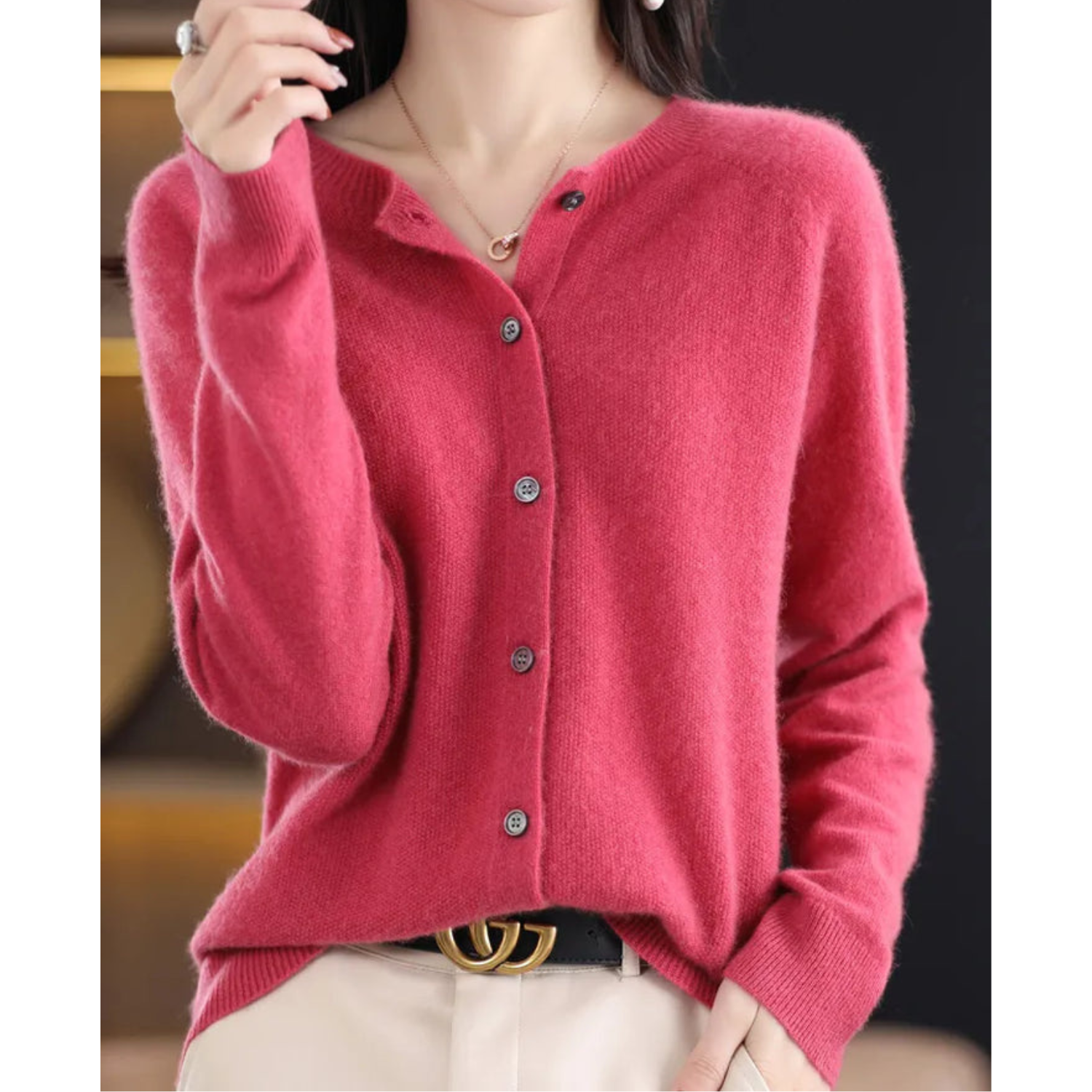 Women's Merino Wool Cardigan O-Neck Cashmere Jumper Warm Knit — Color: Dark Pink