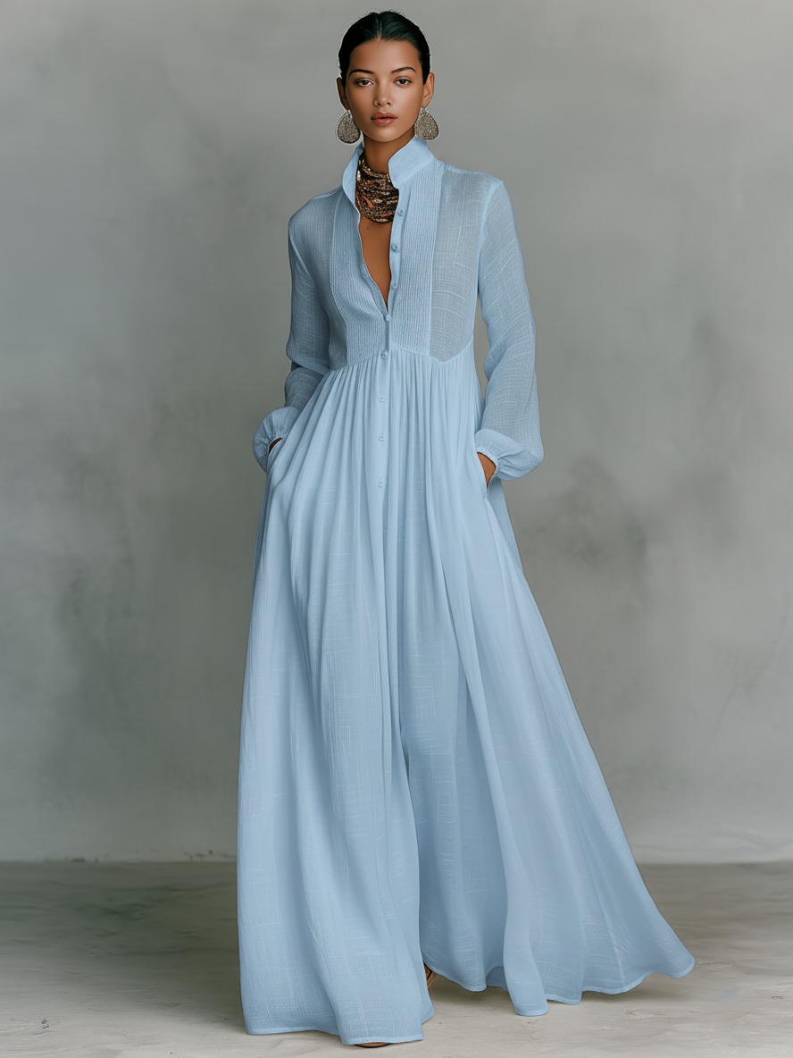 Refined Cotton-Linen Button-Front Long-Sleeve Maxi Dress — product view 5