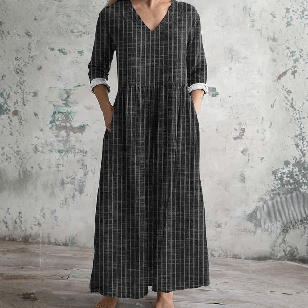 Effortless Striped V-Neck Long-Sleeve Midi Dress — product view 4