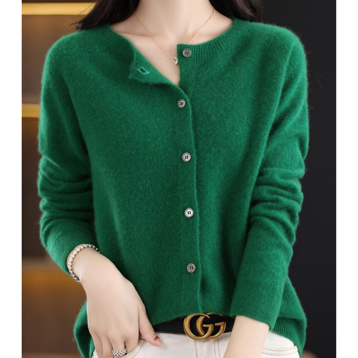Women's Merino Wool Cardigan O-Neck Cashmere Jumper Warm Knit — Color: Dark Green