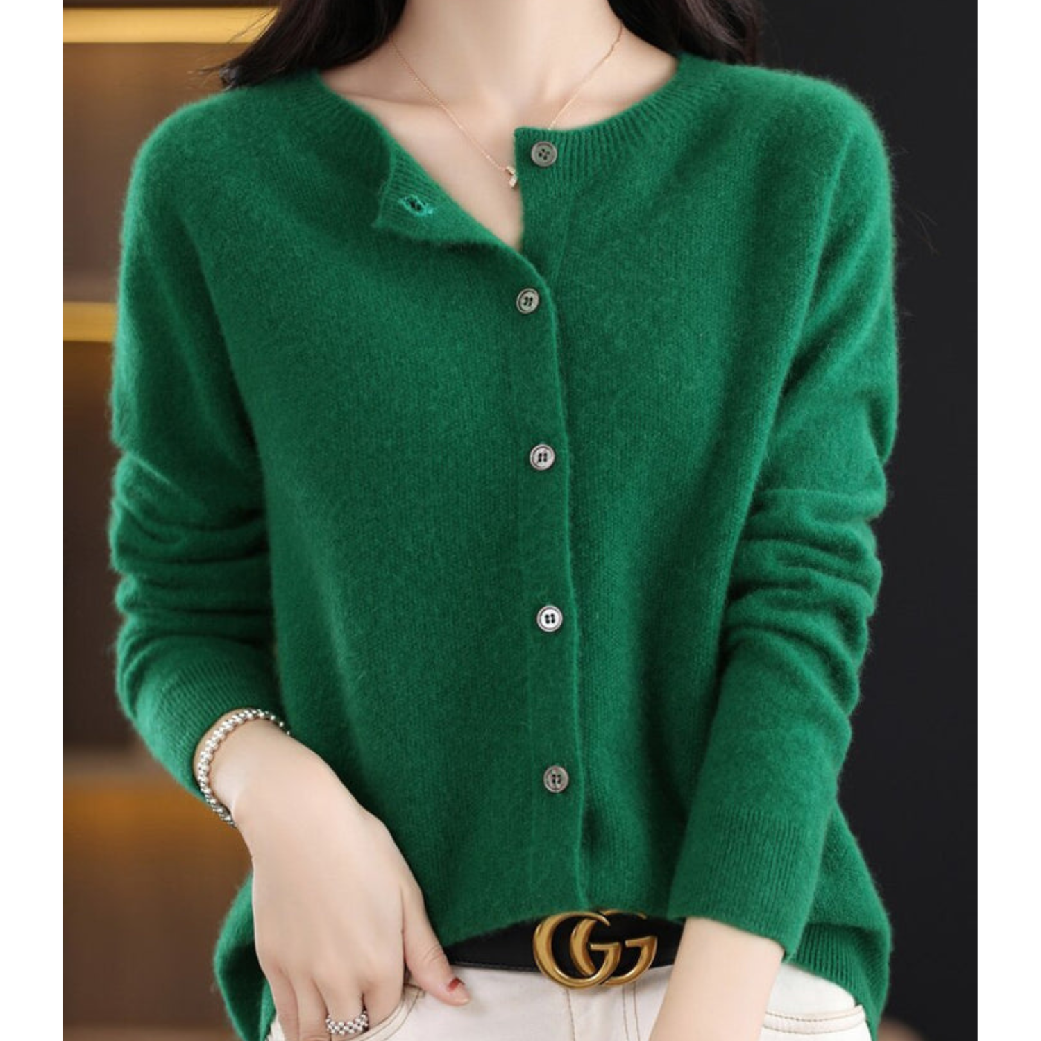 Women's Merino Wool Cardigan O-Neck Cashmere Jumper Warm Knit — Color: Dark Green