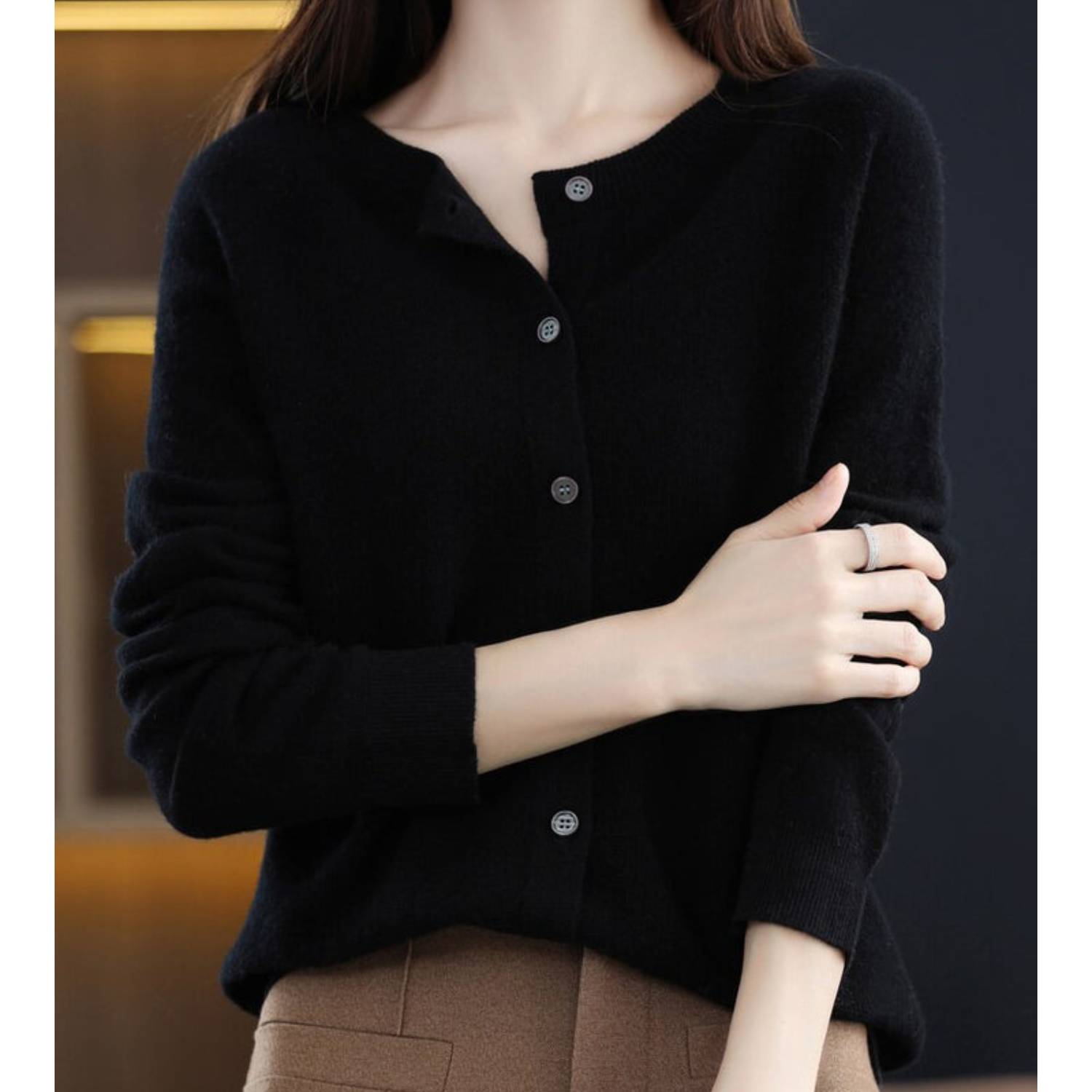 Women's Merino Wool Cardigan O-Neck Cashmere Jumper Warm Knit — Color: Black
