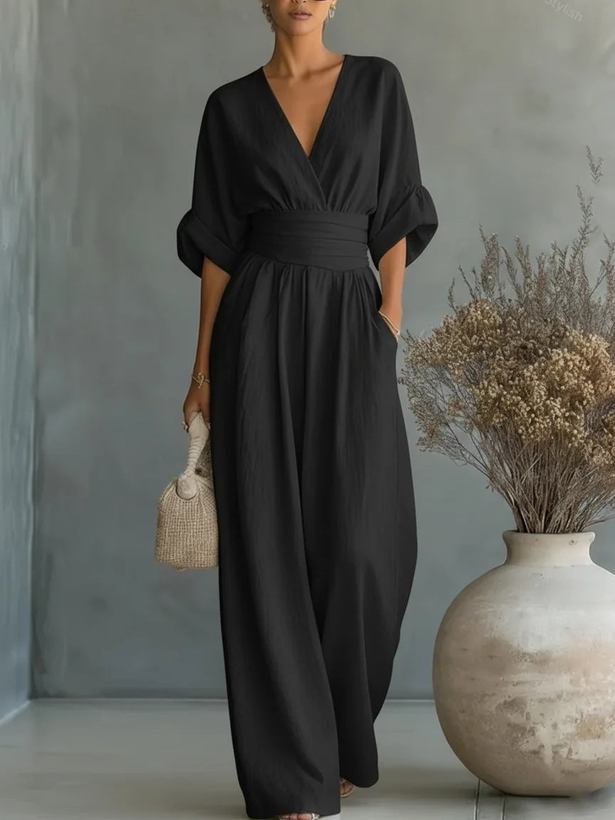 Elegant Women's Formal V-Neck Wide-Leg Jumpsuit — product view 3
