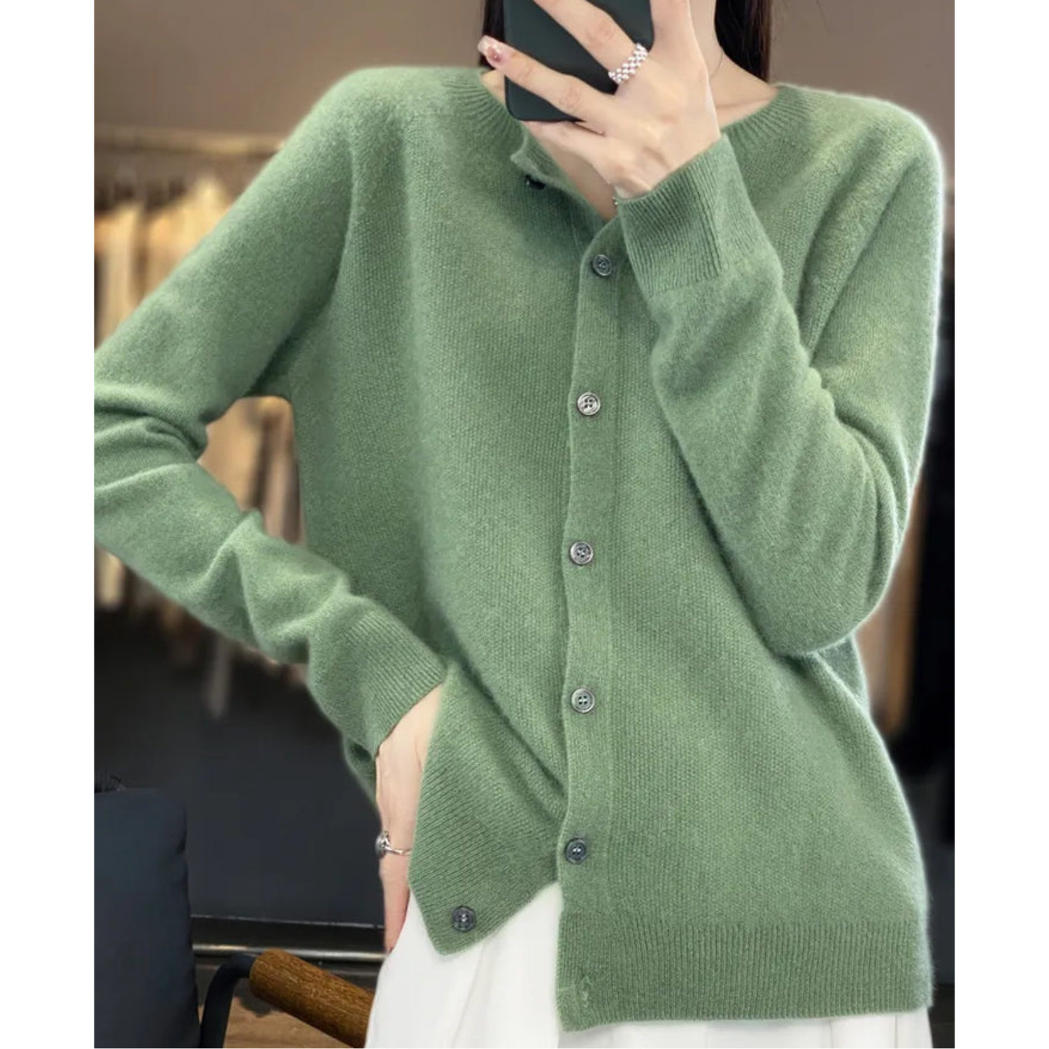 Women's Merino Wool Cardigan O-Neck Cashmere Jumper Warm Knit — Color: Light Green