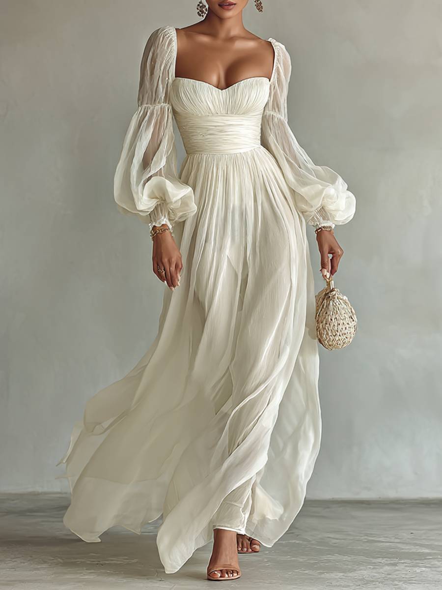Elegant Chiffon Square-Neck Long-Sleeve Formal Maxi Dress — product view 1