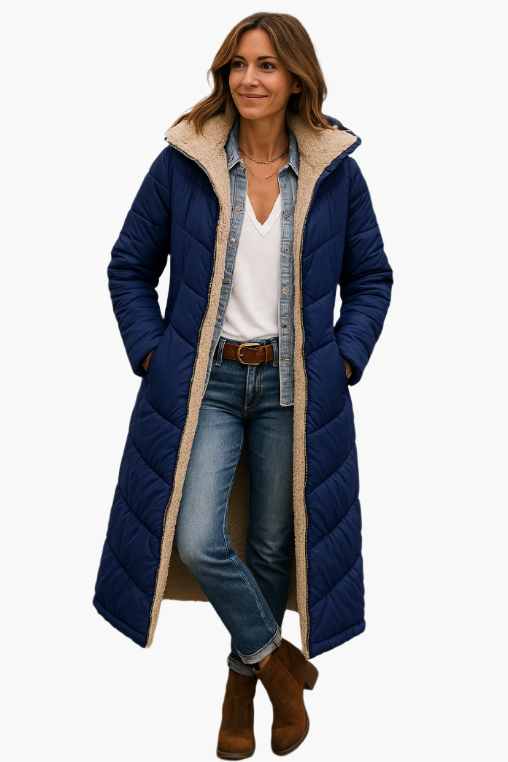 Women's Warm Hooded Winter Longline Puffer Jacket Quilted Coat — Color: Navy Blue