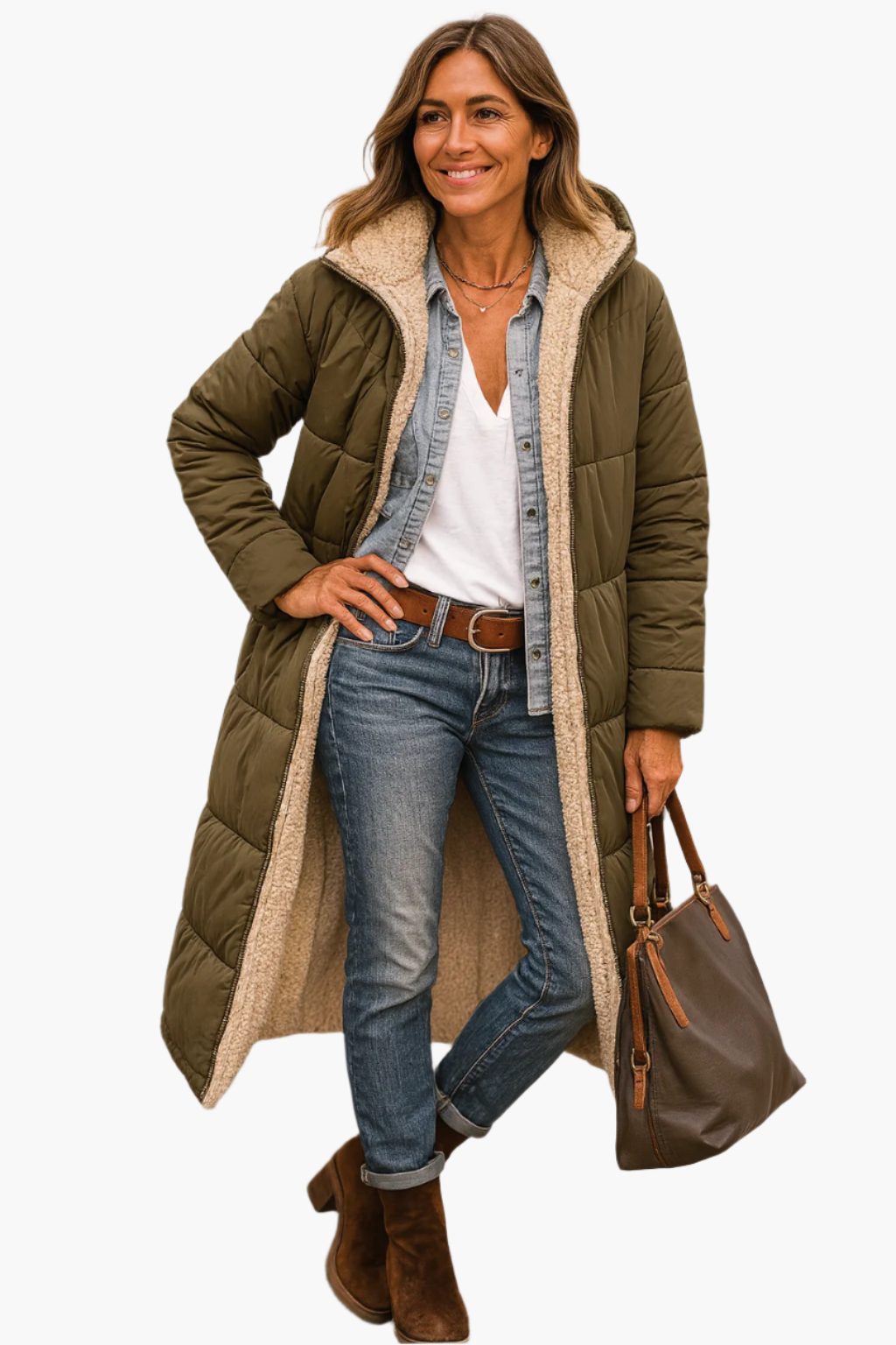 Women's Warm Hooded Winter Longline Puffer Jacket Quilted Coat — Color: Army Green