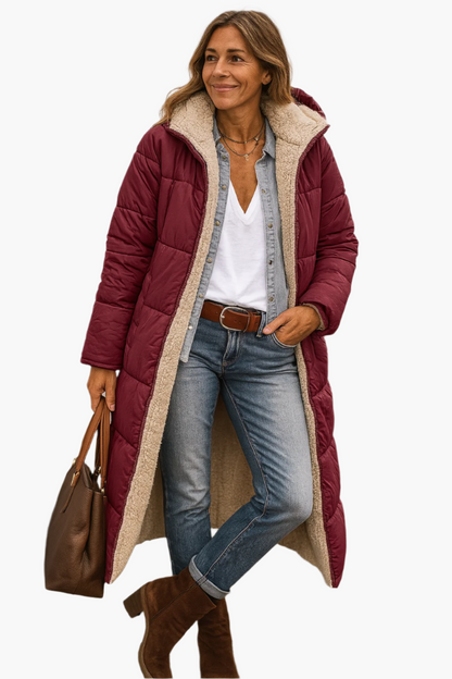 Women's Warm Hooded Winter Longline Puffer Jacket Quilted Coat — Color: Wine Red