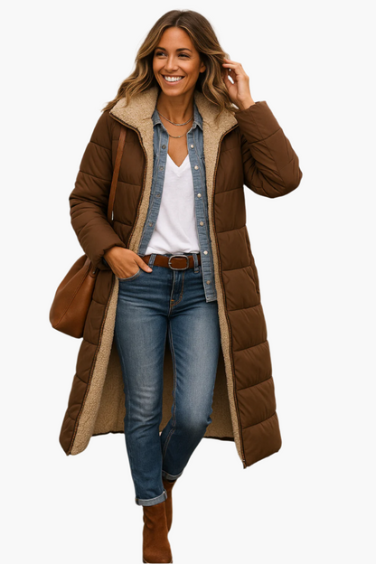 Women's Warm Hooded Winter Longline Puffer Jacket Quilted Coat — Color: Brown
