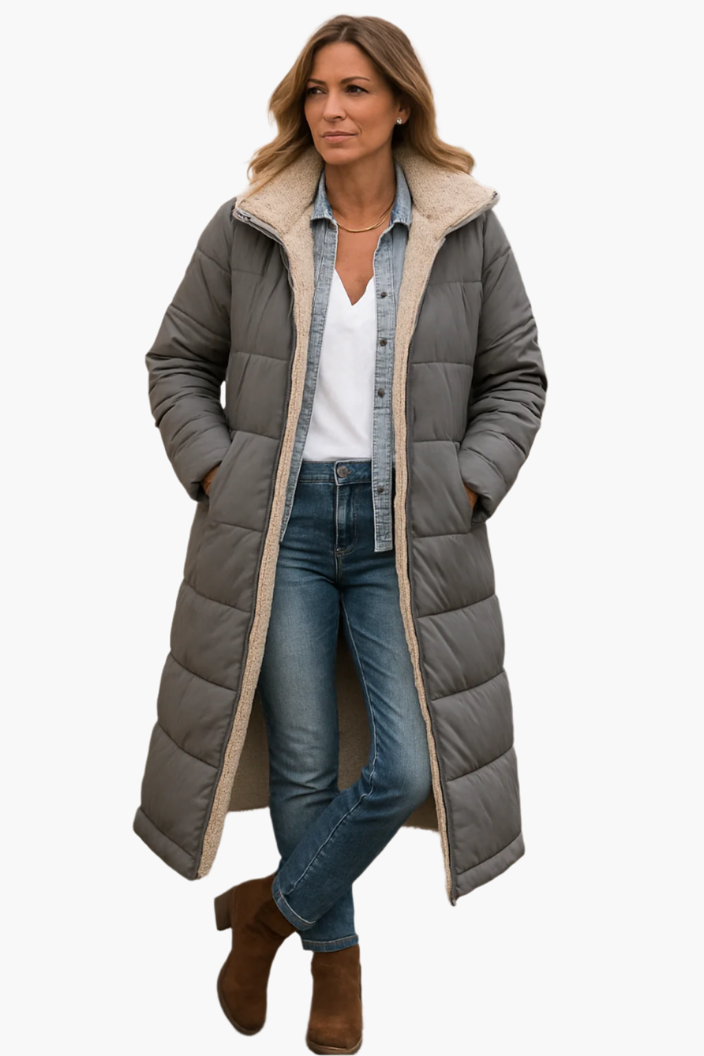 Women's Warm Hooded Winter Longline Puffer Jacket Quilted Coat — Color: Gray