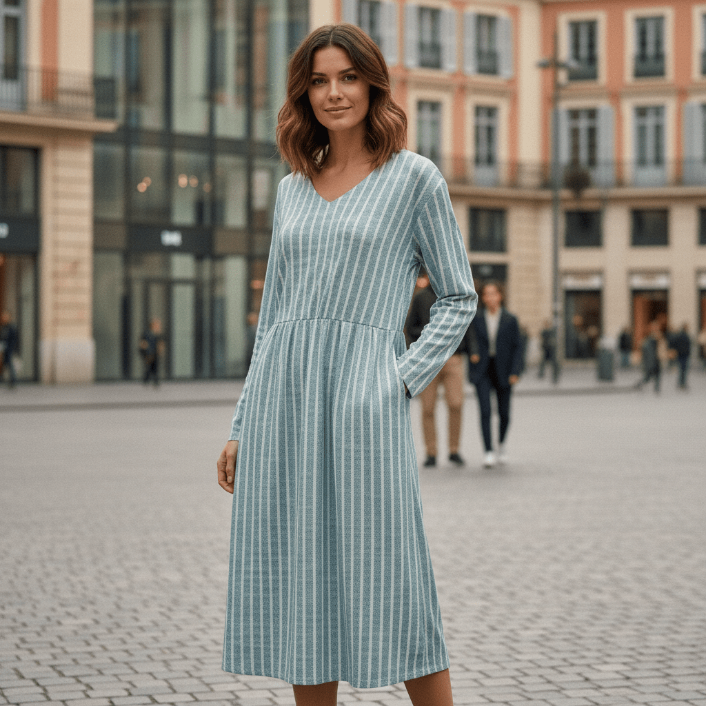 Effortless Striped V-Neck Long-Sleeve Midi Dress — product view 2
