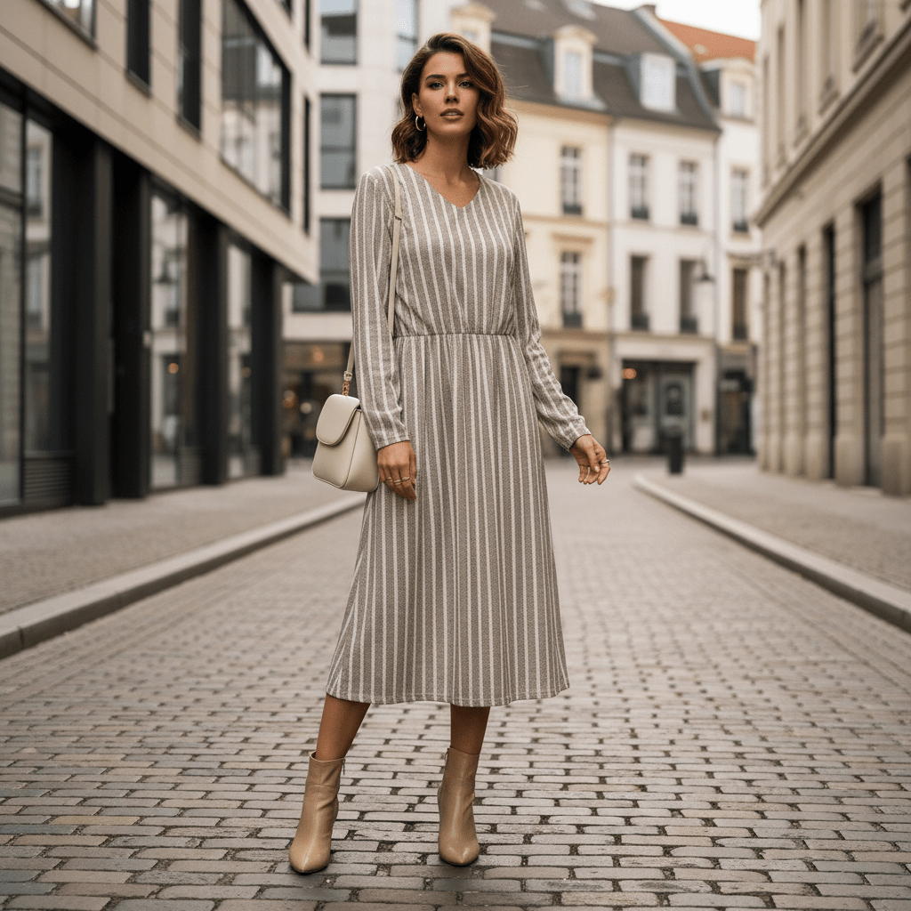 Effortless Striped V-Neck Long-Sleeve Midi Dress — product view 1