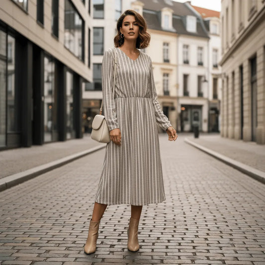 Effortless Striped V-Neck Long-Sleeve Midi Dress — product view 1