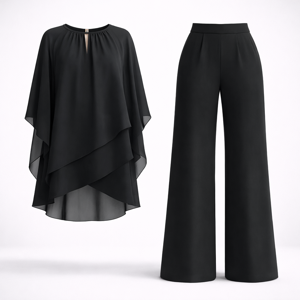 Black layered top and wide-leg trousers set