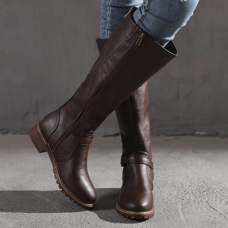Women's Leather Boots Elegant Comfortable Zipper Non-Slip Sole — Color: Dark Brown