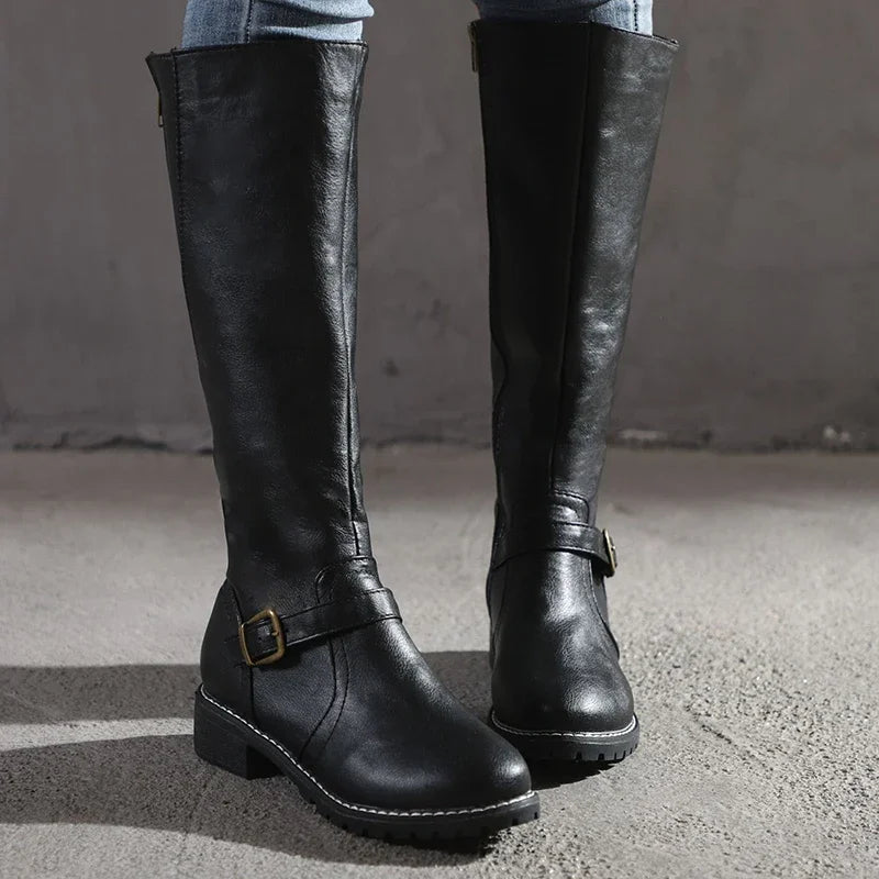 Women's Leather Boots Elegant Comfortable Zipper Non-Slip Sole — Color: Black
