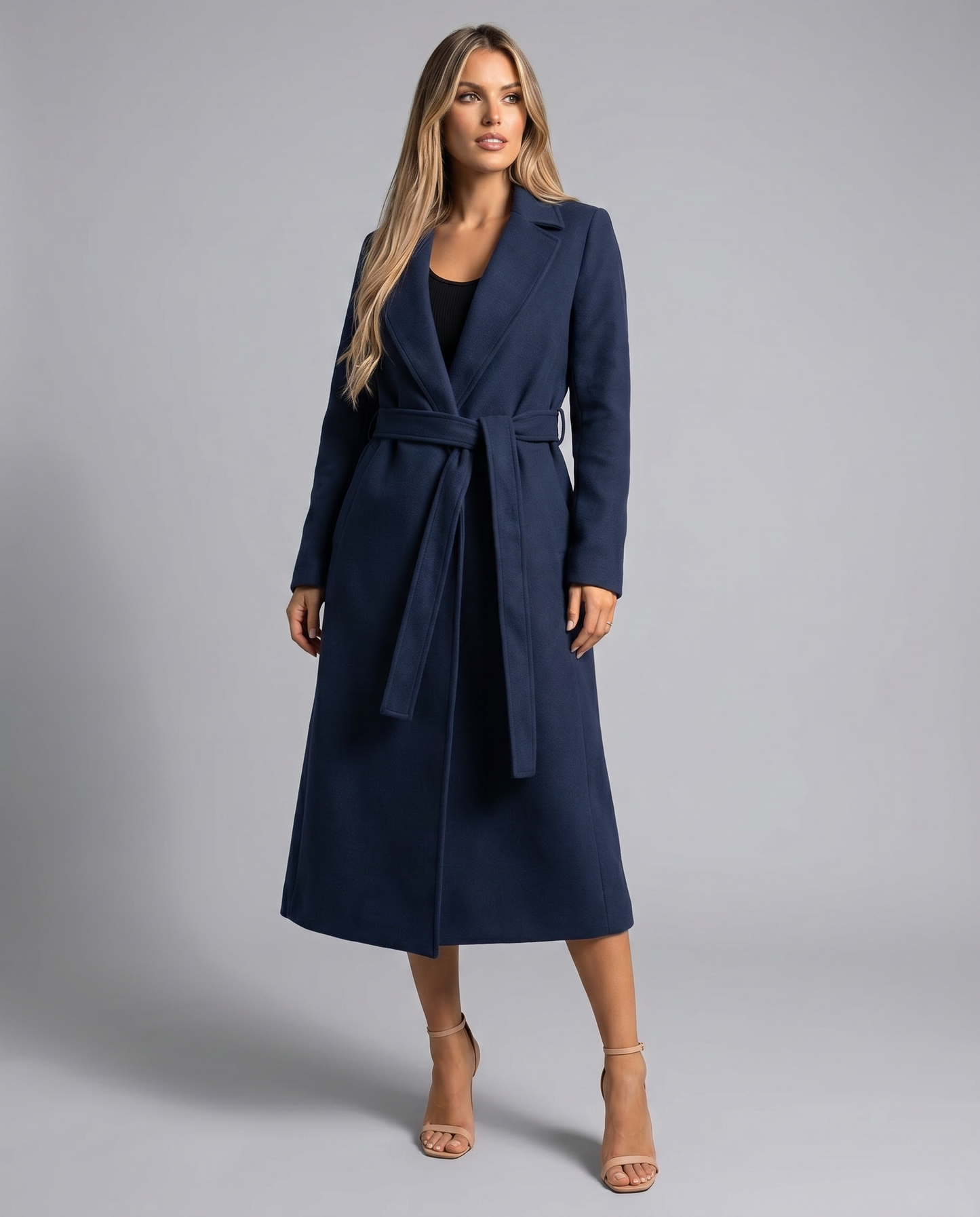 Arden - Long Belted Trench Coat - product view 4 - Sela Look