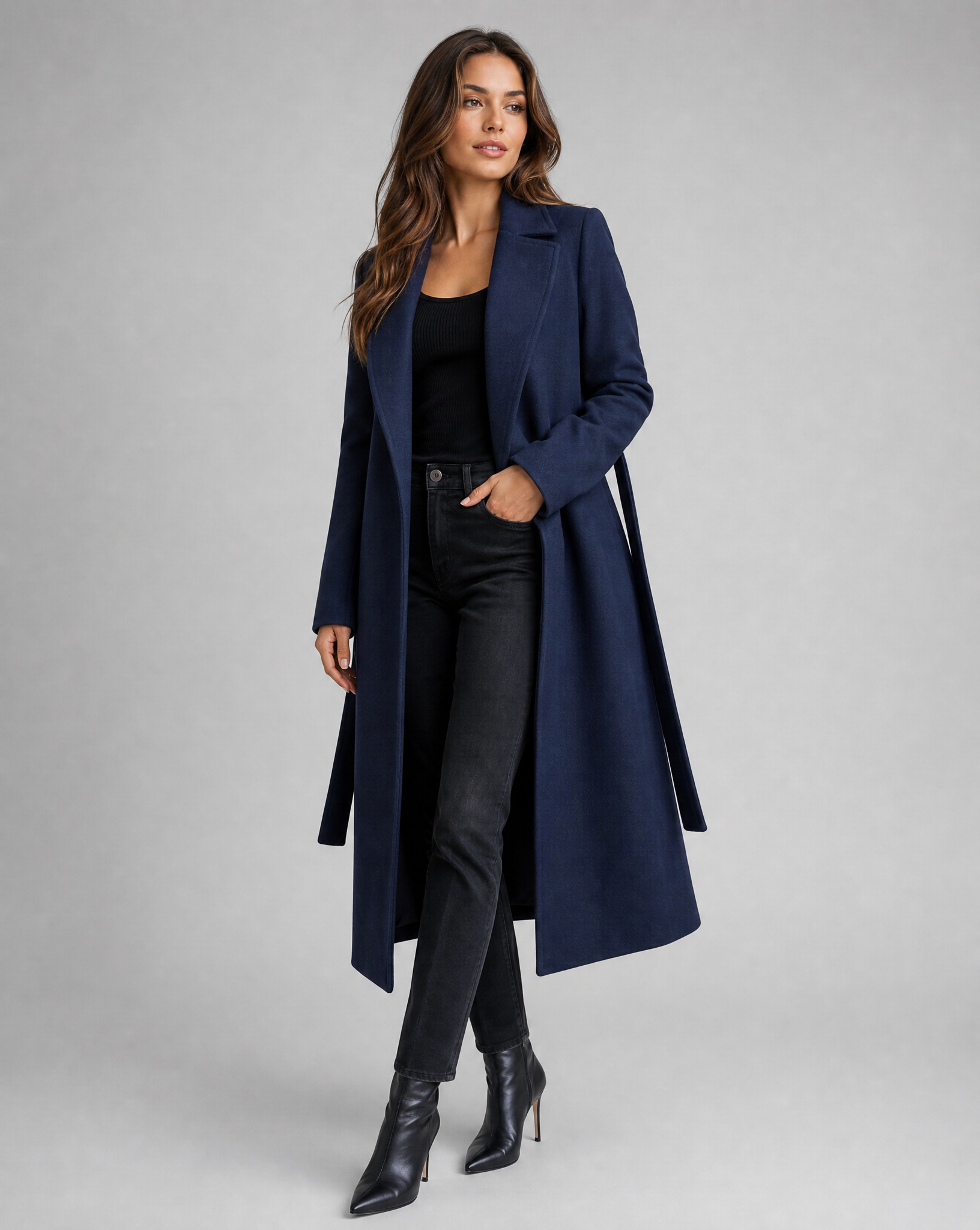 Arden - Long Belted Trench Coat - product view 2 - Sela Look