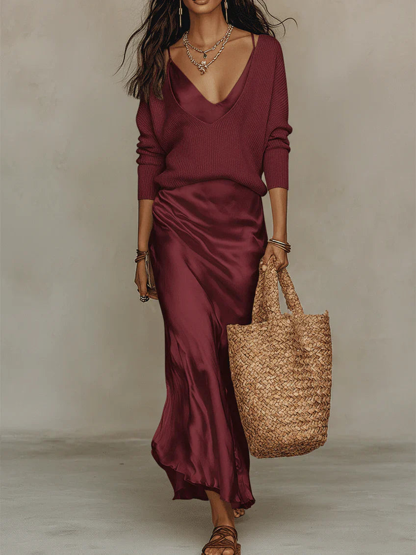 Elegant Satin Midi Dress and Sweater Set — product view 9
