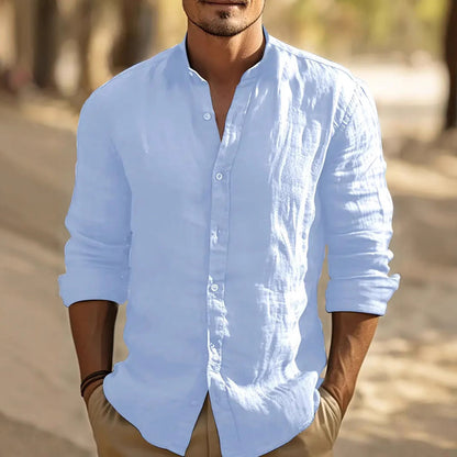 Classic Men's Band-Collar Long-Sleeve Summer Button-Up Shirt — product view 2