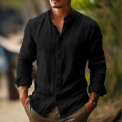 Classic Men's Band-Collar Long-Sleeve Summer Button-Up Shirt — product view 3