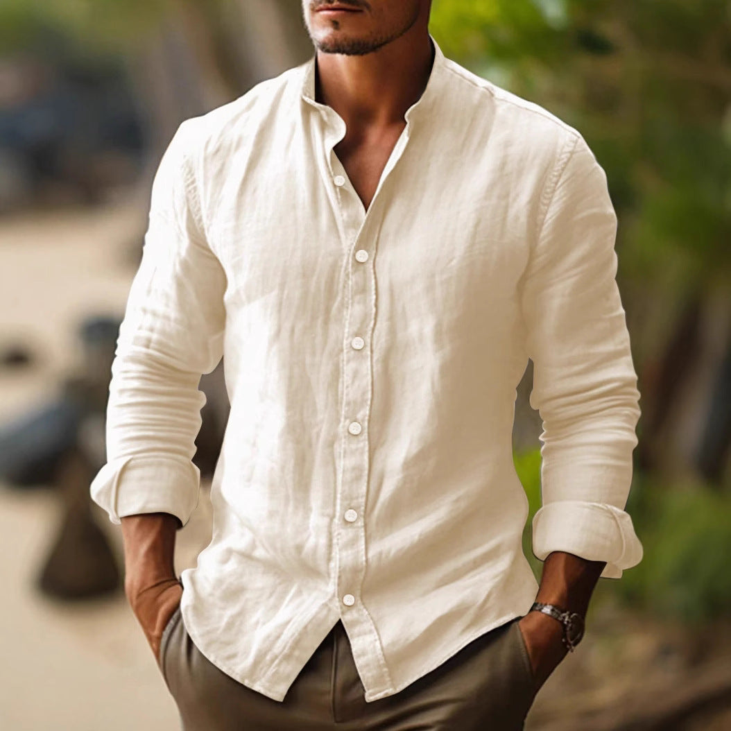 Classic Men's Band-Collar Long-Sleeve Summer Button-Up Shirt — product view 5
