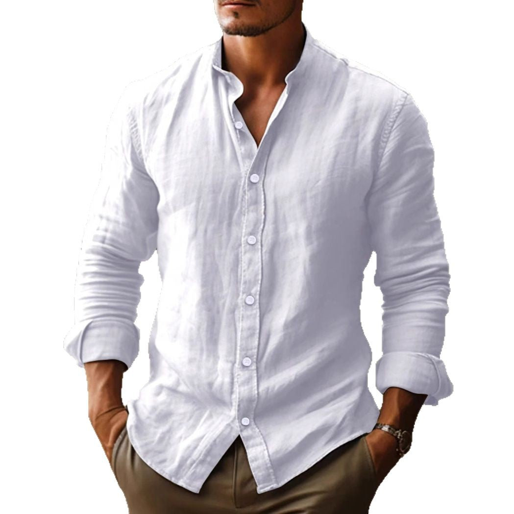 Classic Men's Band-Collar Long-Sleeve Summer Button-Up Shirt — product view 6