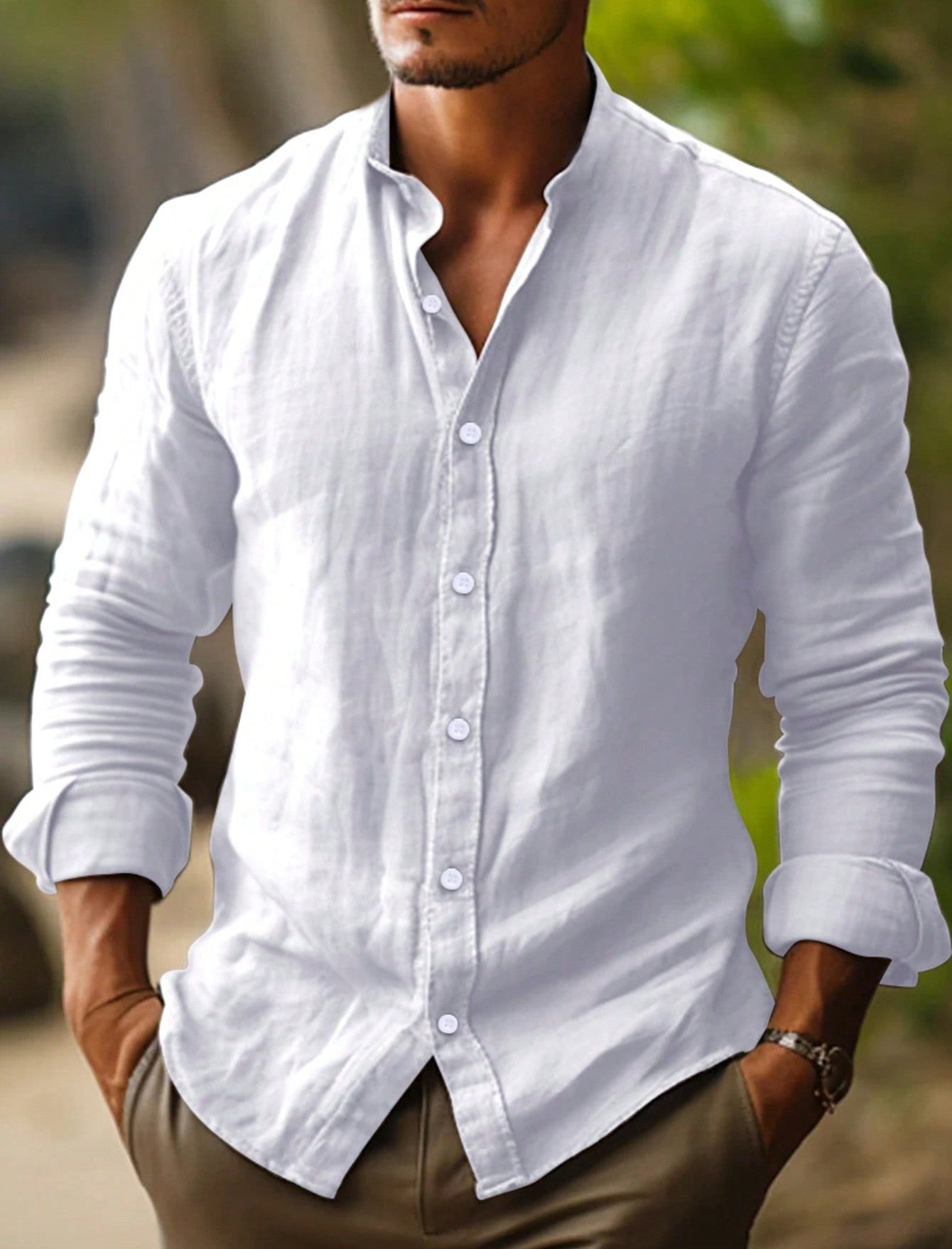 Classic Men's Band-Collar Long-Sleeve Summer Button-Up Shirt — product view 7