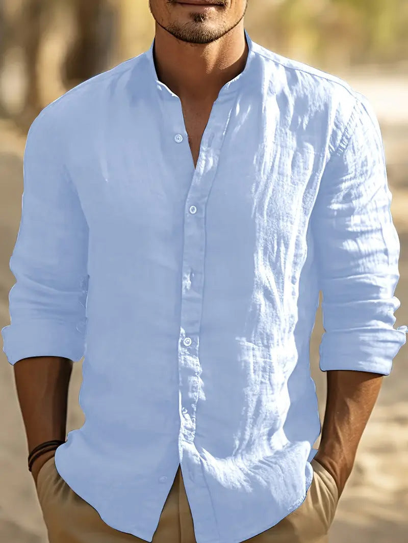 Classic Men's Band-Collar Long-Sleeve Summer Button-Up Shirt — product view 9