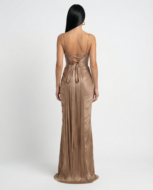 Stella - Pleated Corset Maxi Dress in Gold - product view 2 - Sela Look